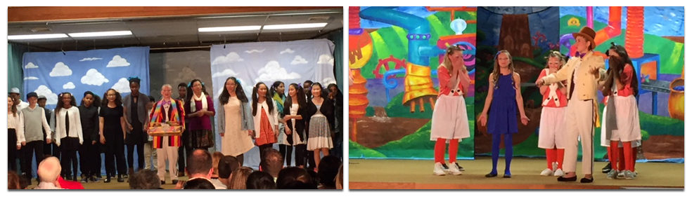 Two color photographs from the musical Willy Wonka, Jr. The first shows a group of at least 20 students on stage singing. The second photograph shows a scene where students playing Willy Wonka and Violet Beauregarde are interacting with a group of Oompa Loompas. The costumes and stage background are very cheery, bright, and colorful.  
