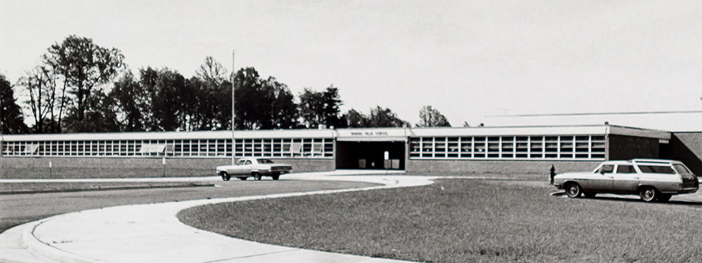 Black and white photograph of the front of Fairfax Villa Elementary School taken in late 1960s.