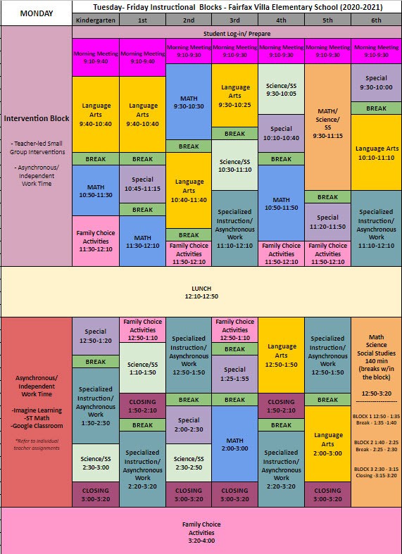 Grade Level Schedules | Fairfax Villa Elementary School